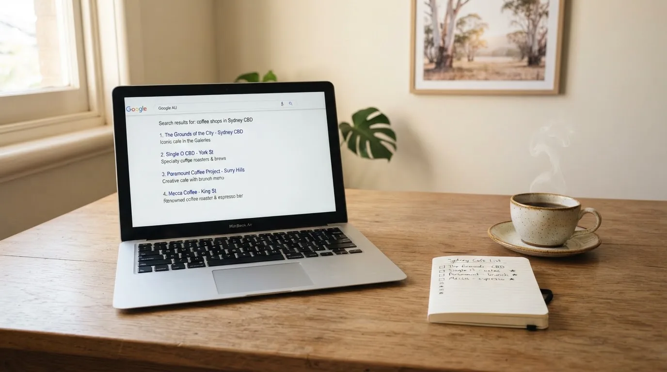 A tidy desk with a laptop open on a plain search-results page, a notebook and a coffee cup beside it, no screens showing any casino branding.