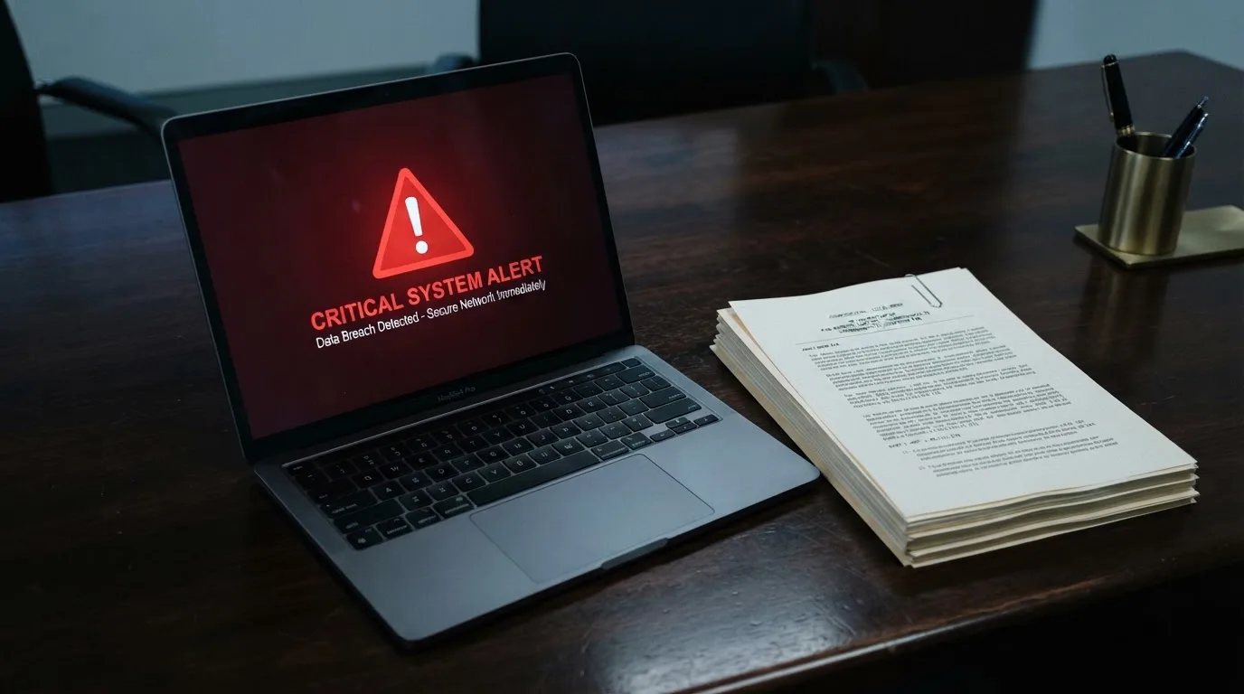 A red triangular warning sign icon on a laptop screen next to a stack of legal papers, symbolising an official caution rather than any specific website.