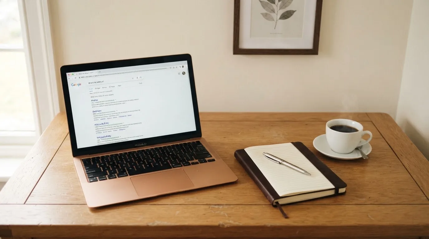 A tidy desk with a laptop open on a plain search-results page, a notebook and a coffee cup beside it, no screens showing any casino branding.