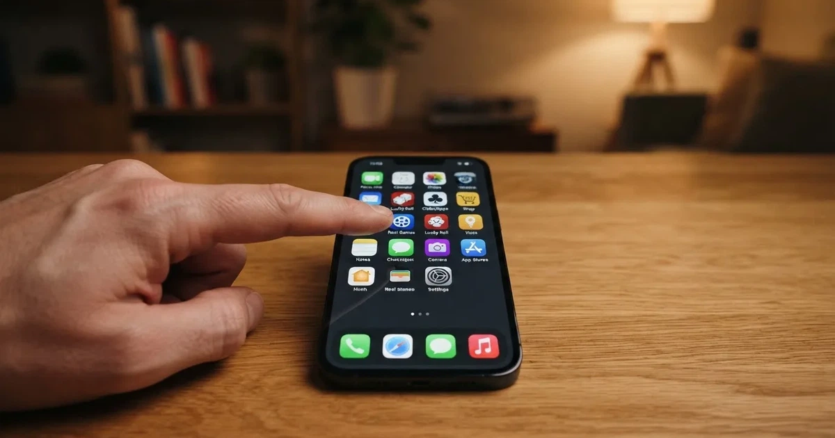 A hand tapping a smartphone screen showing generic app icons, none of them branded.