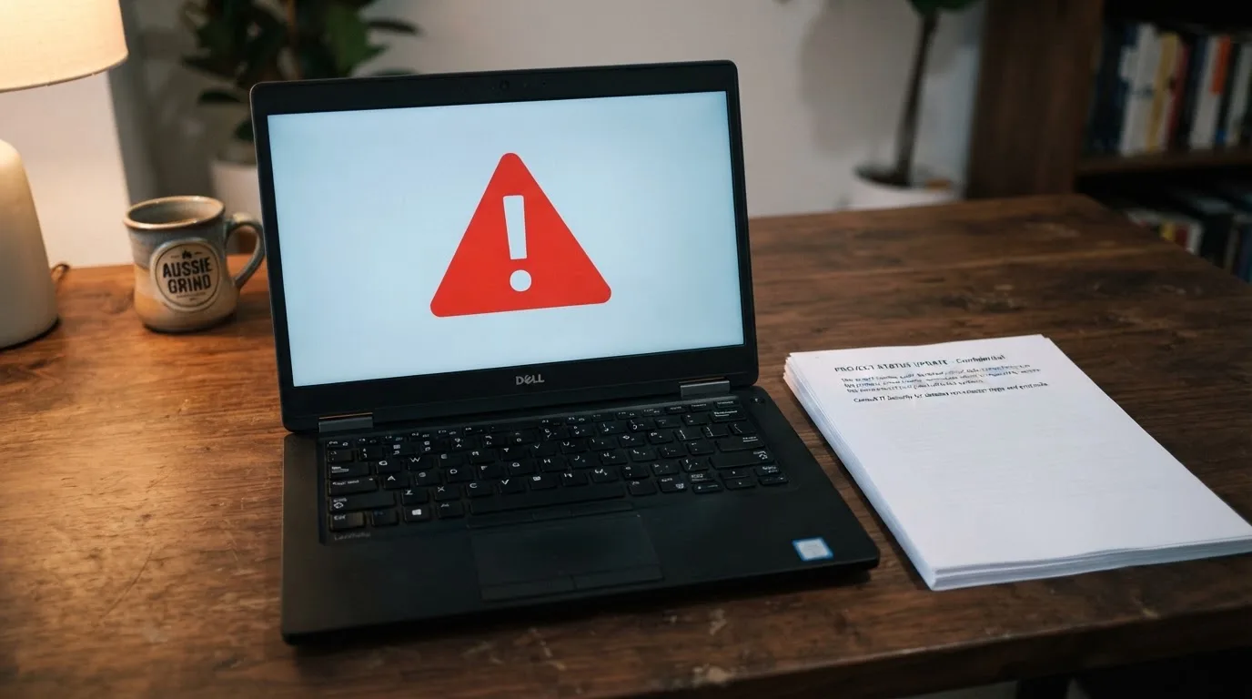 A red triangular warning sign icon on a laptop screen next to a stack of legal papers, symbolising an official caution rather than any specific website.