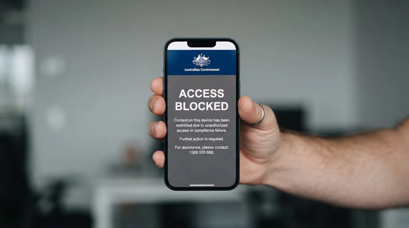 A smartphone screen showing a plain government warning notice about a blocked website, held against a blurred background.