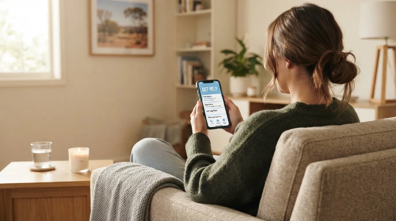 A person sitting calmly with a phone open to a support helpline page, no gaming screen visible.