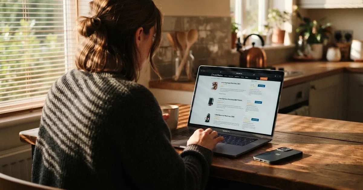 A person at a kitchen table scrolling through review pages on a laptop, phone face-down beside them.