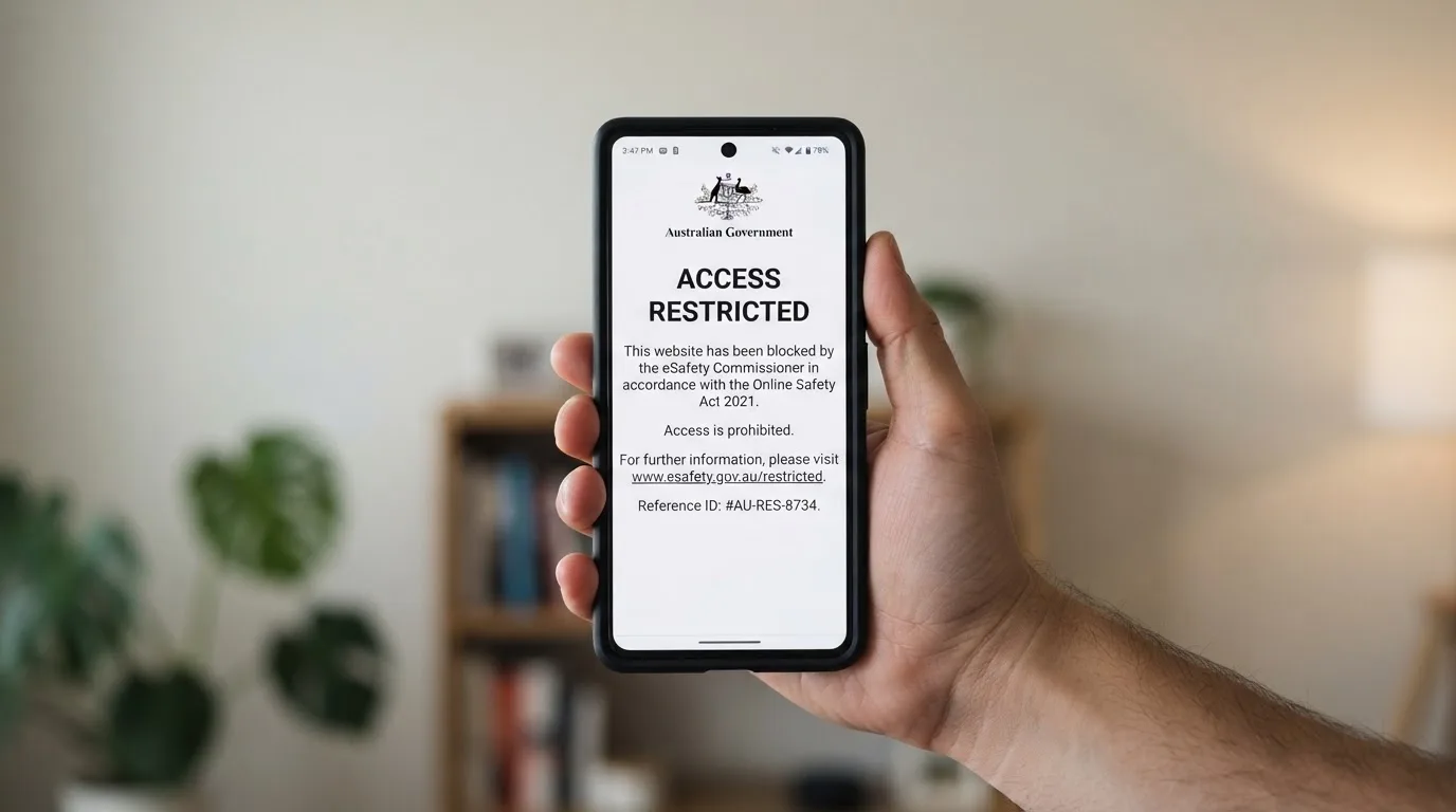 A smartphone screen showing a plain government warning notice about a blocked website, held against a blurred background.