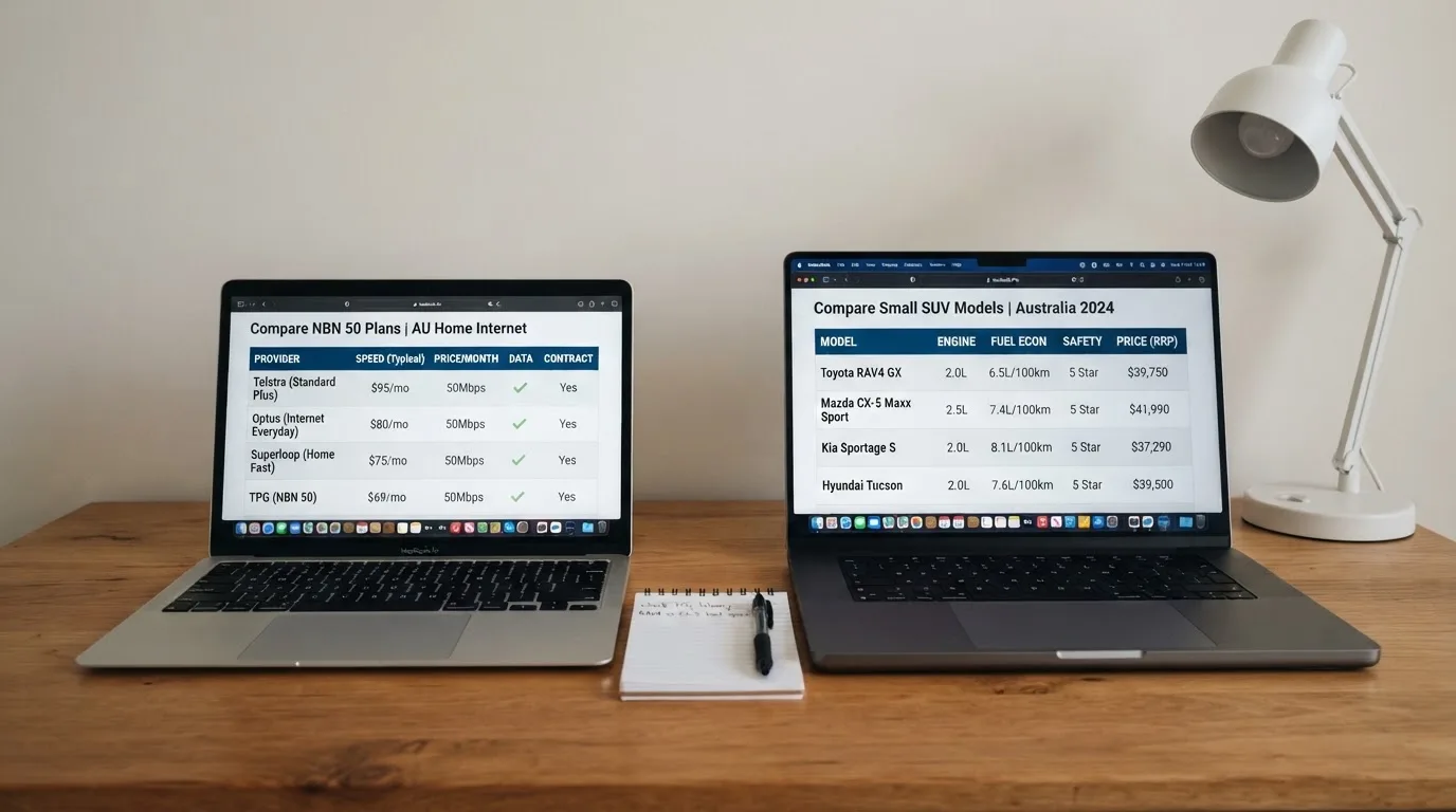 Two laptop screens side by side on a desk, each showing a different comparison table.