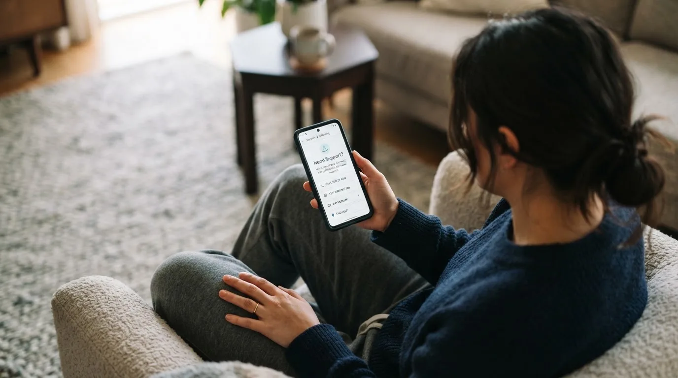 A person sitting calmly with a phone open to a support helpline page, no gaming screen visible.
