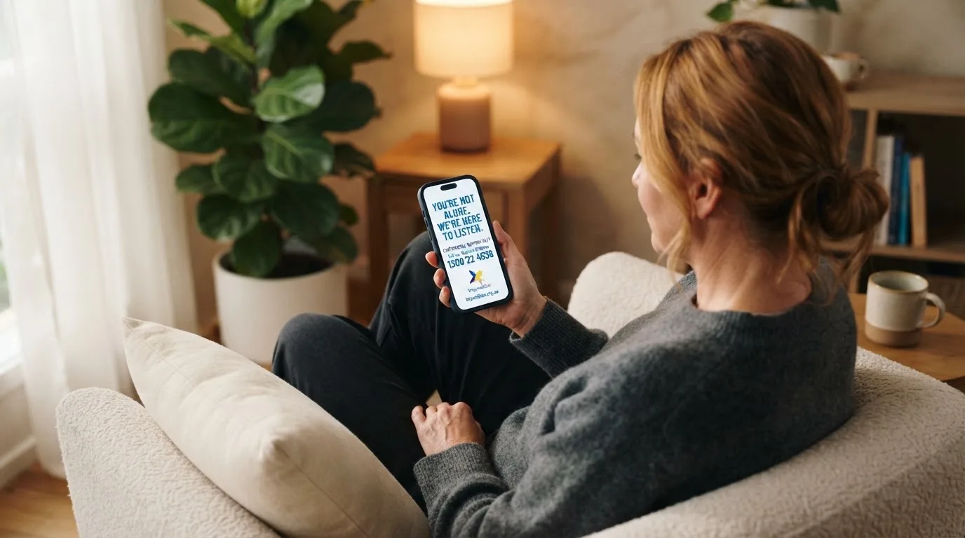 A person sitting calmly with a phone open to a support helpline page, no gaming screen visible.