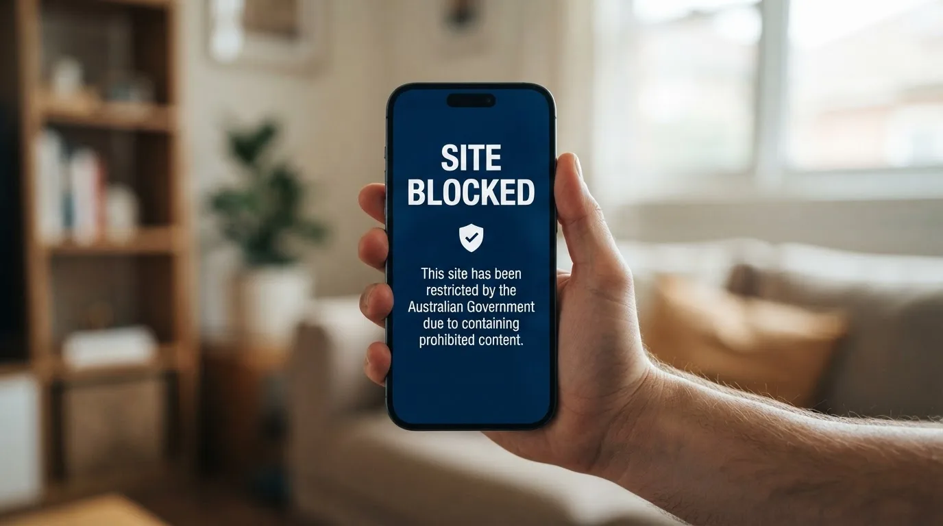 A smartphone screen showing a plain government warning notice about a blocked website, held against a blurred background.