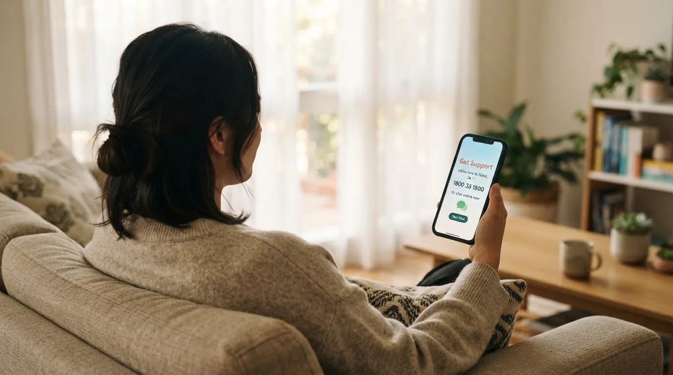 A person sitting calmly with a phone open to a support helpline page, no gaming screen visible.