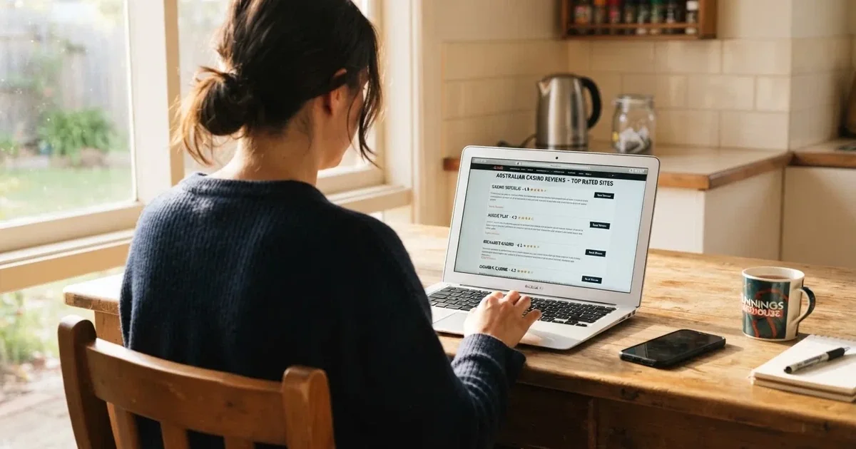 A person at a kitchen table scrolling through review pages on a laptop, phone face-down beside them.