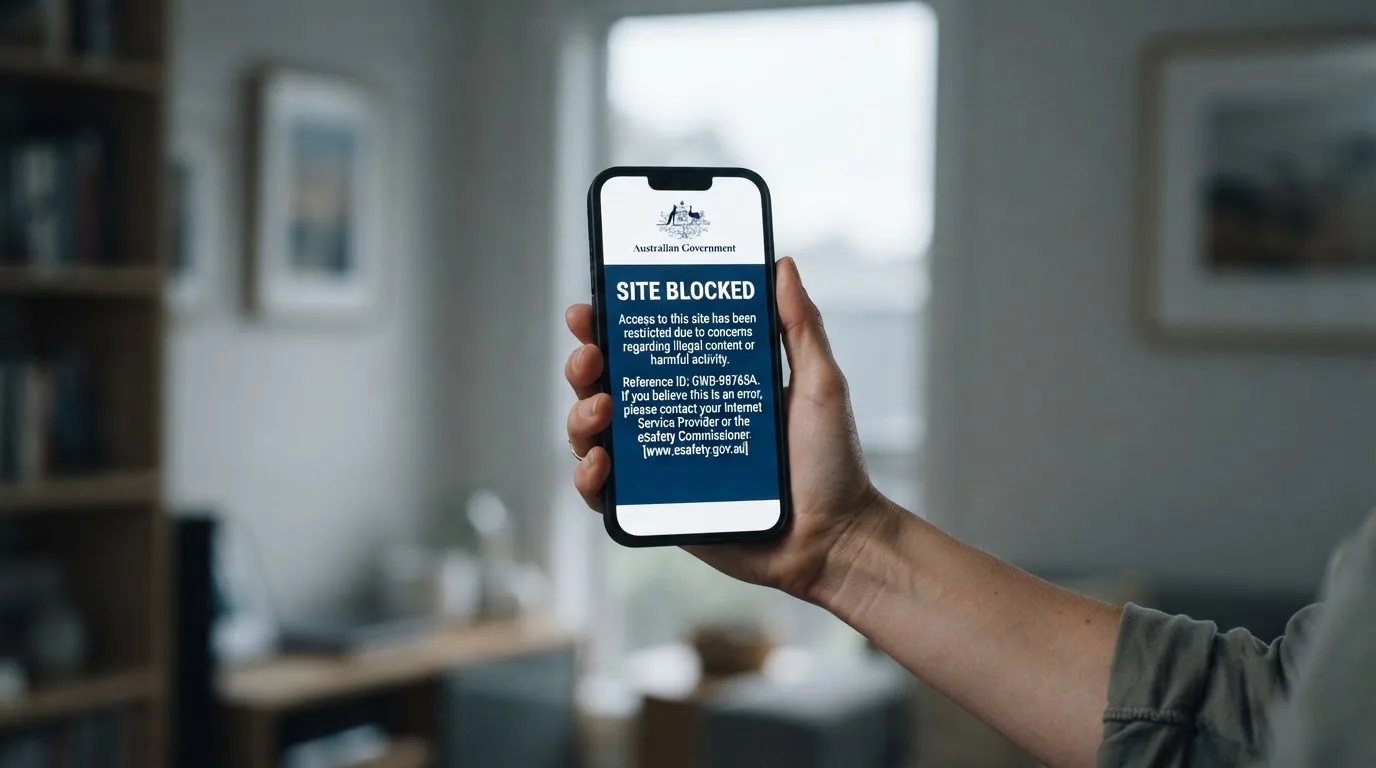 A smartphone screen showing a plain government warning notice about a blocked website, held against a blurred background.