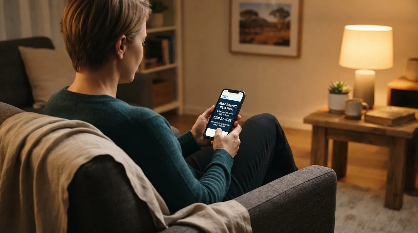 A person sitting calmly with a phone open to a support helpline page, no gaming screen visible.