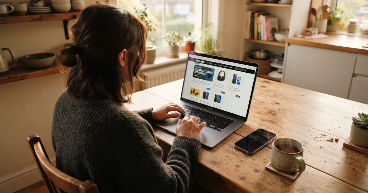 A person at a kitchen table scrolling through review pages on a laptop, phone face-down beside them.