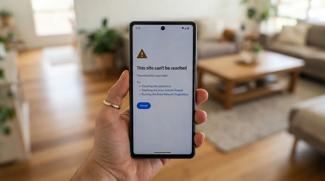 A smartphone screen showing a plain government warning notice about a blocked website, held against a blurred background.