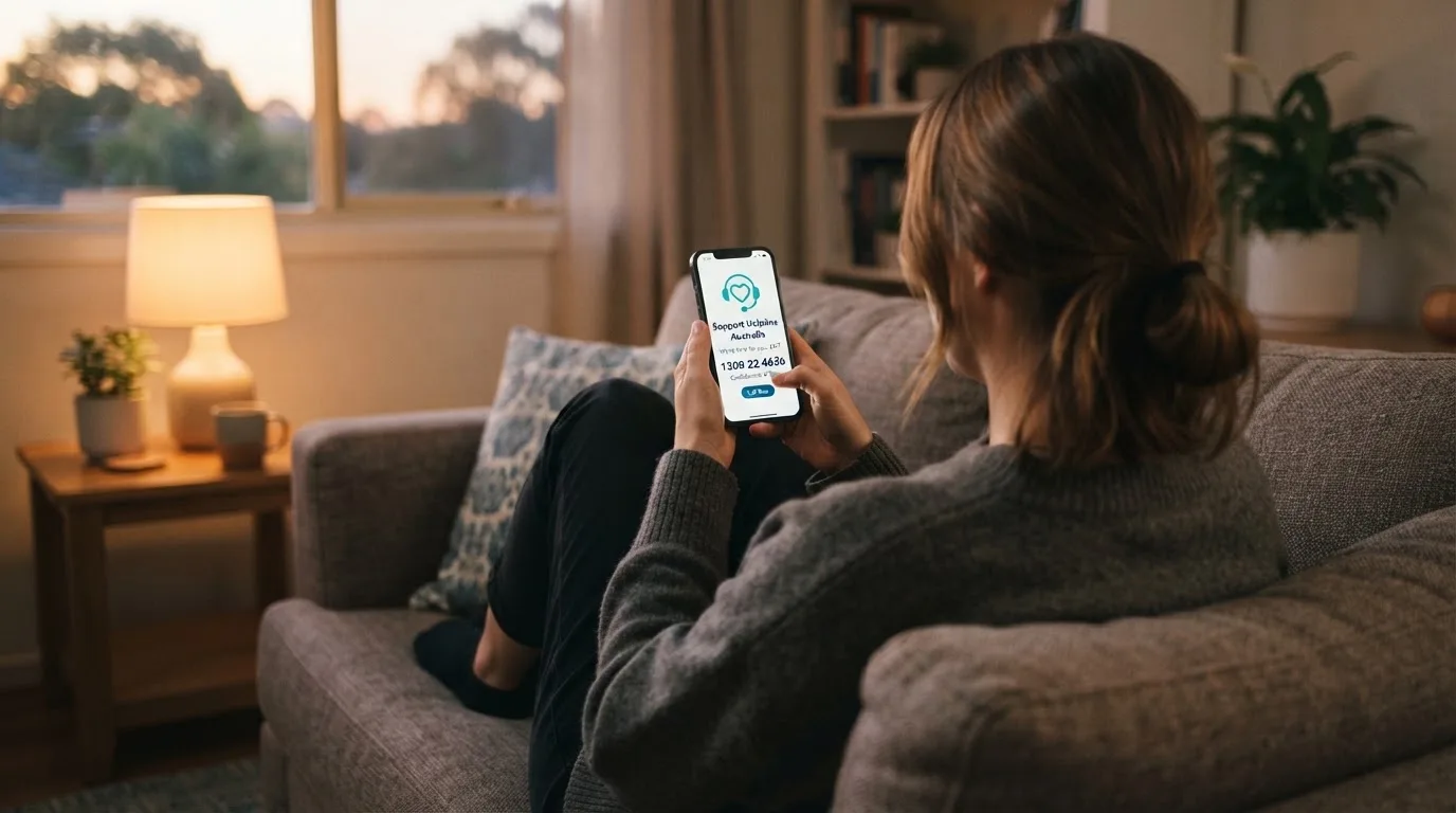 A person sitting calmly with a phone open to a support helpline page, no gaming screen visible.