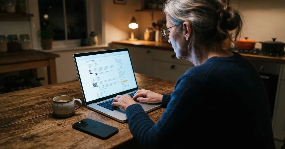 A person at a kitchen table scrolling through review pages on a laptop, phone face-down beside them.