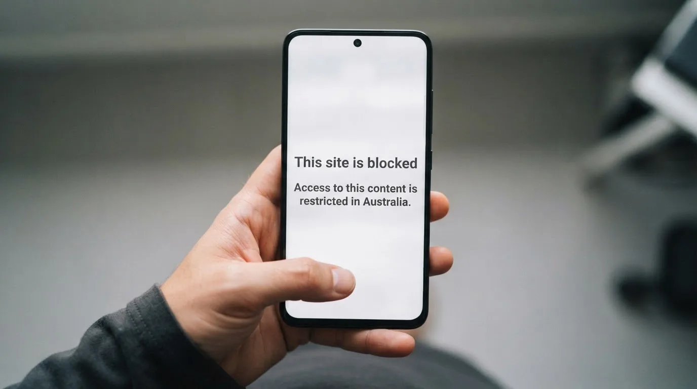 A smartphone screen showing a plain government warning notice about a blocked website, held against a blurred background.