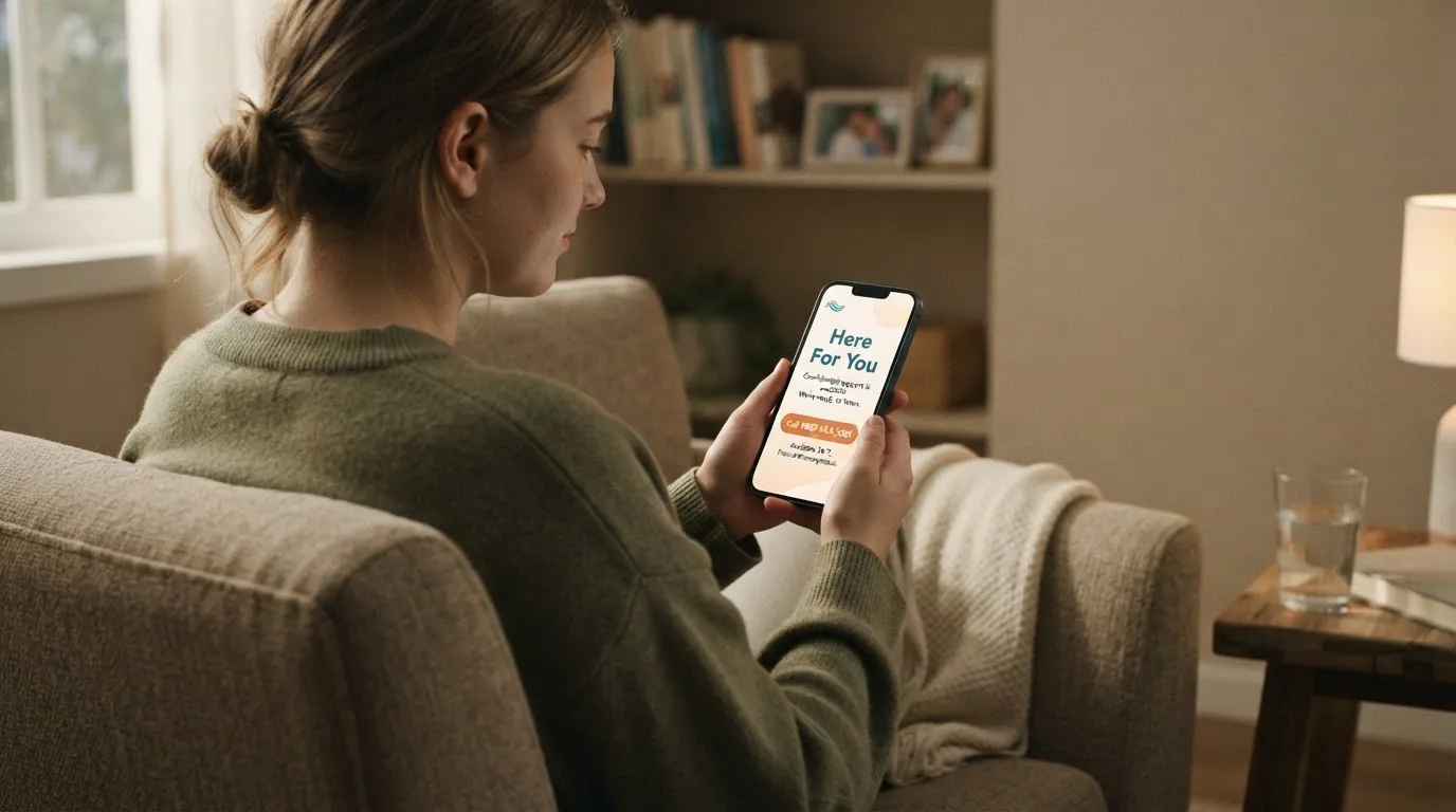 A person sitting calmly with a phone open to a support helpline page, no gaming screen visible.