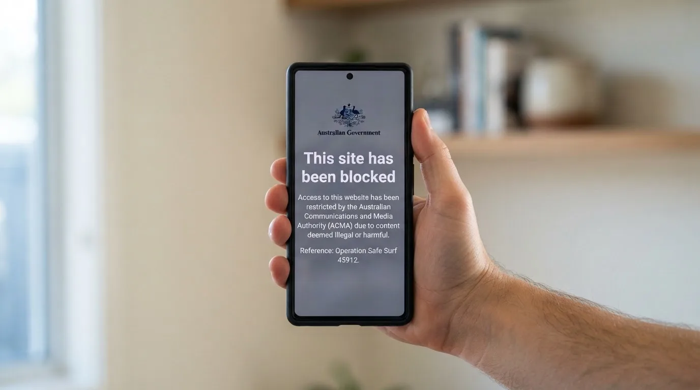 A smartphone screen showing a plain government warning notice about a blocked website, held against a blurred background.