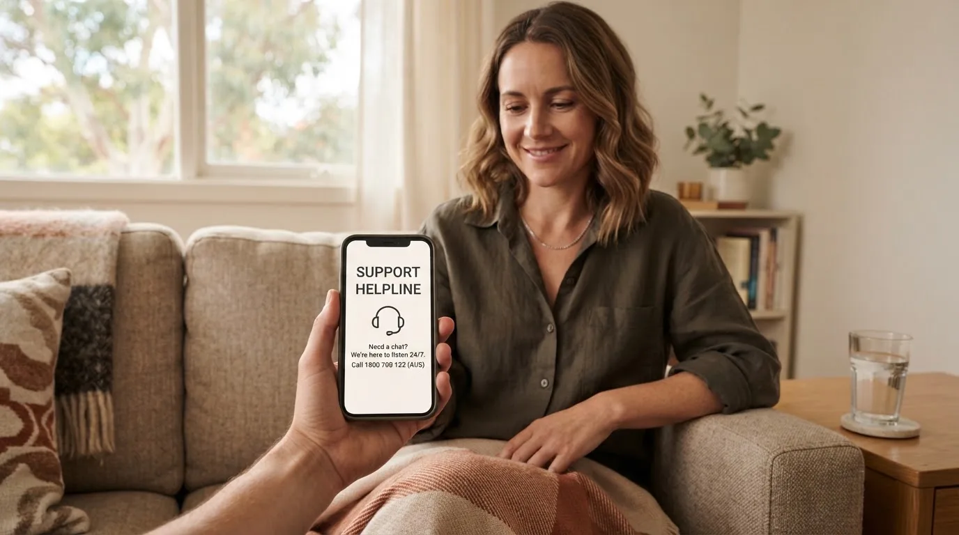 A person sitting calmly with a phone open to a support helpline page, no gaming screen visible.