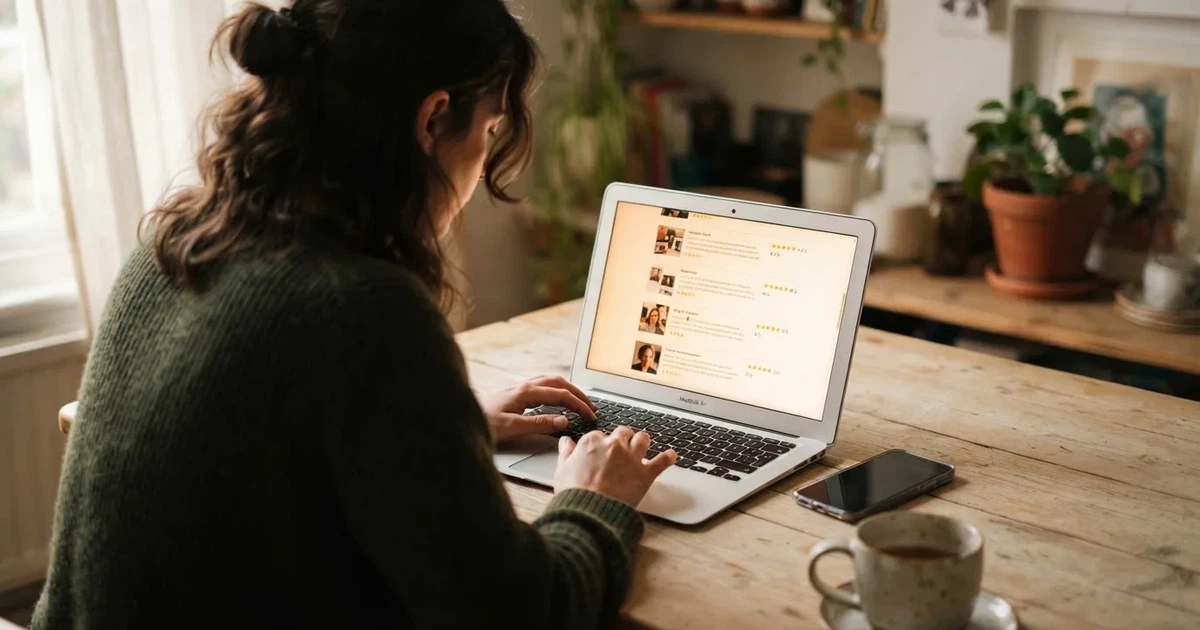A person at a kitchen table scrolling through review pages on a laptop, phone face-down beside them.