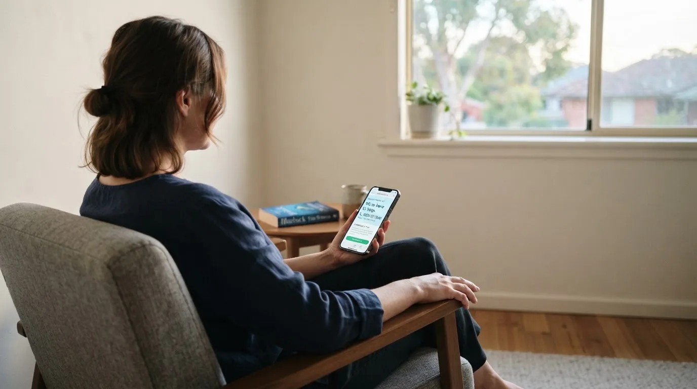 A person sitting calmly with a phone open to a support helpline page, no gaming screen visible.
