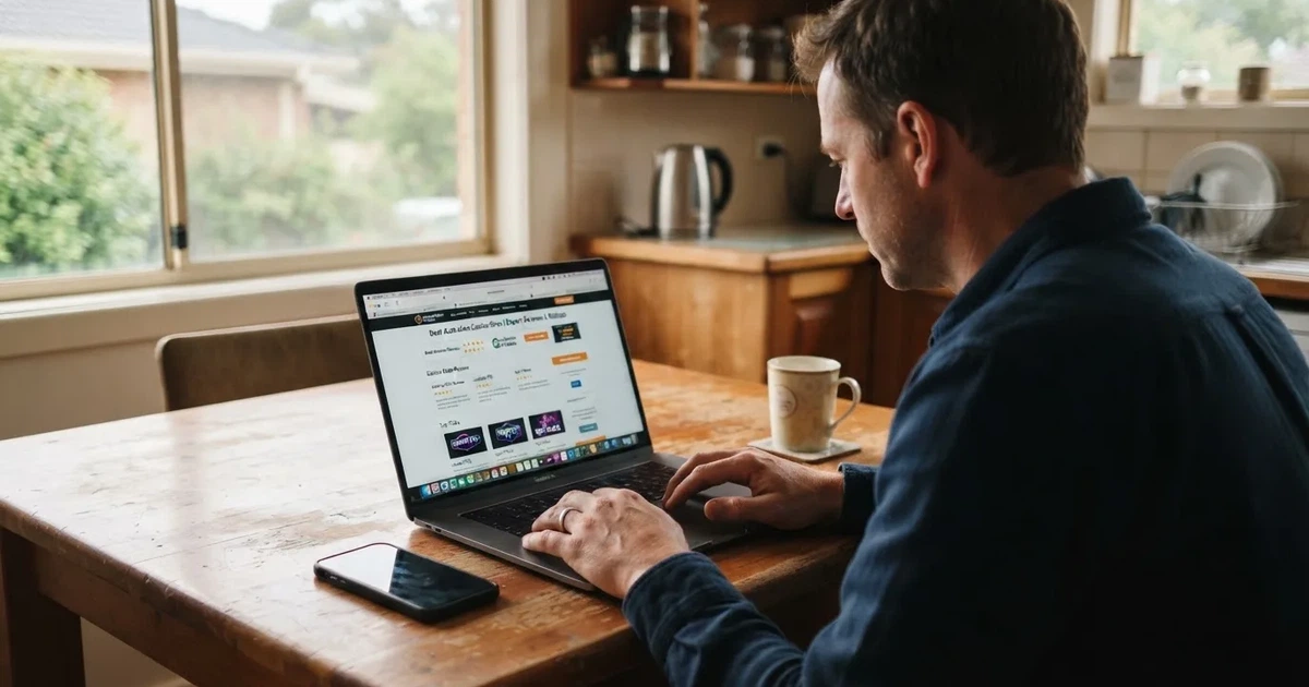 A person at a kitchen table scrolling through review pages on a laptop, phone face-down beside them.
