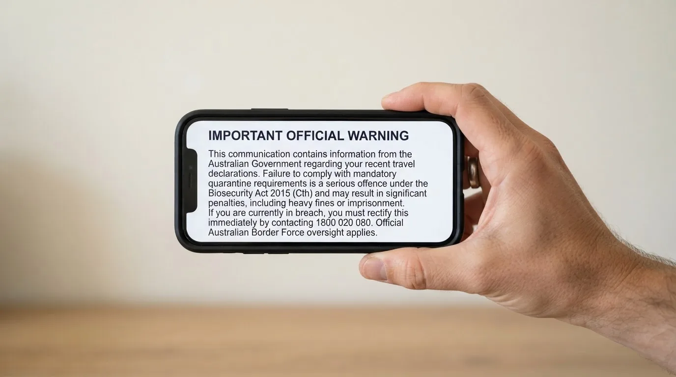 A smartphone screen showing a plain government warning notice about a blocked website, held against a blurred background.