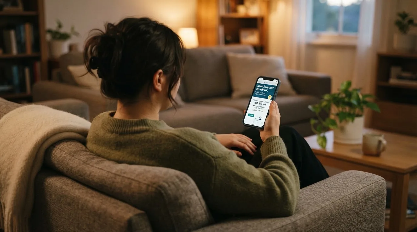 A person sitting calmly with a phone open to a support helpline page, no gaming screen visible.