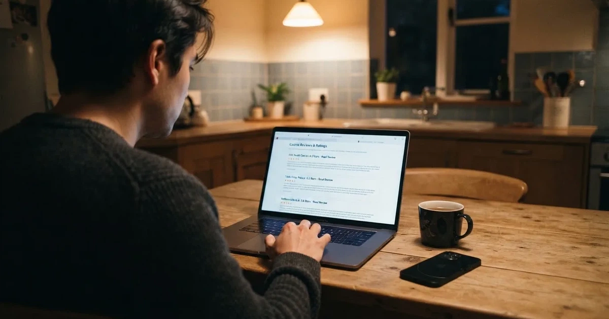A person at a kitchen table scrolling through review pages on a laptop, phone face-down beside them.