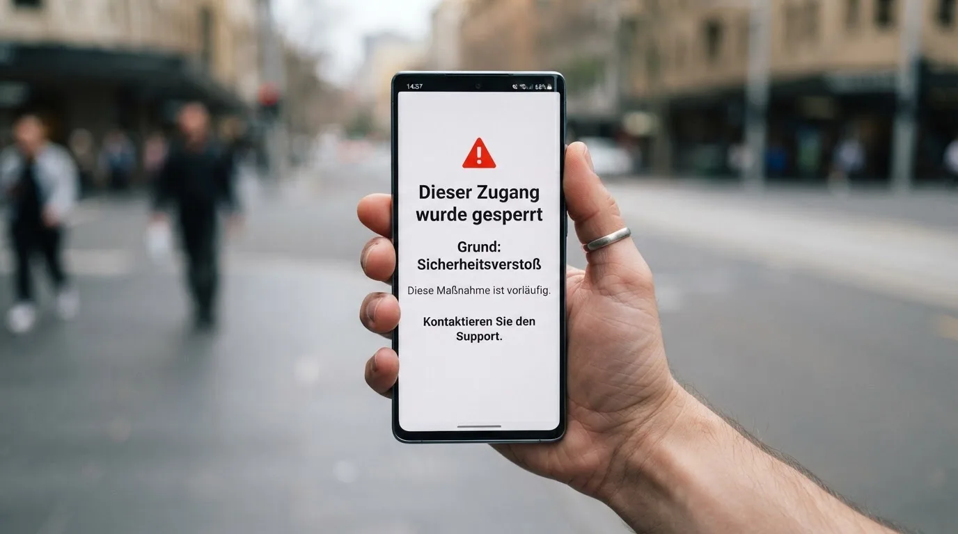A smartphone screen showing a plain government warning notice about a blocked website, held against a blurred background.
