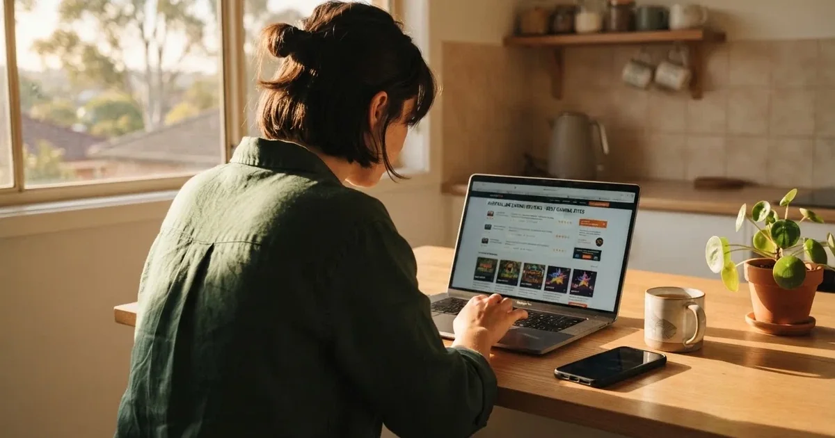 A person at a kitchen table scrolling through review pages on a laptop, phone face-down beside them.