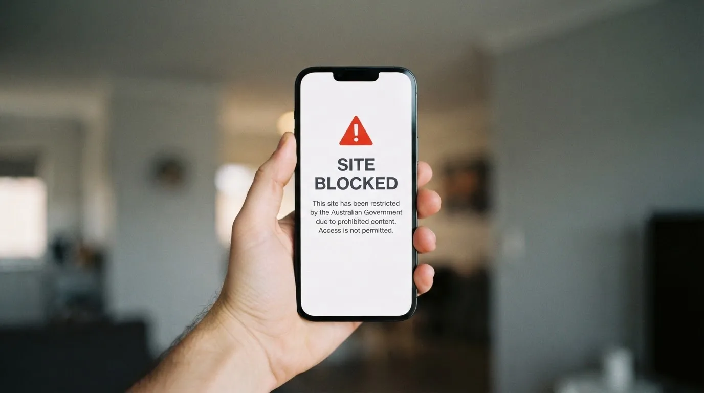 A smartphone screen showing a plain government warning notice about a blocked website, held against a blurred background.