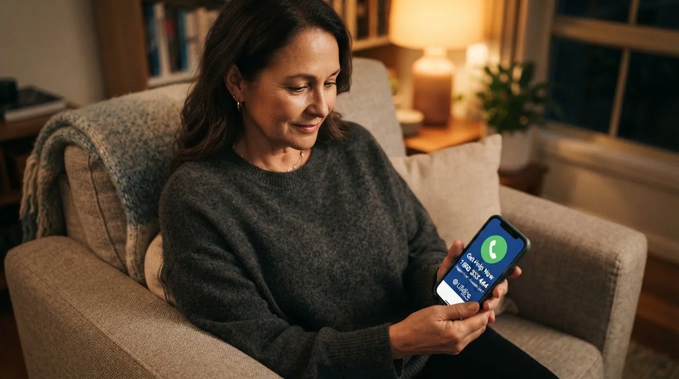 A person sitting calmly with a phone open to a support helpline page, no gaming screen visible.