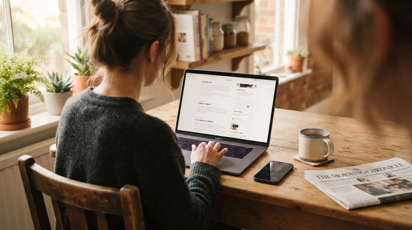 A person at a kitchen table scrolling through review pages on a laptop, phone face-down beside them.