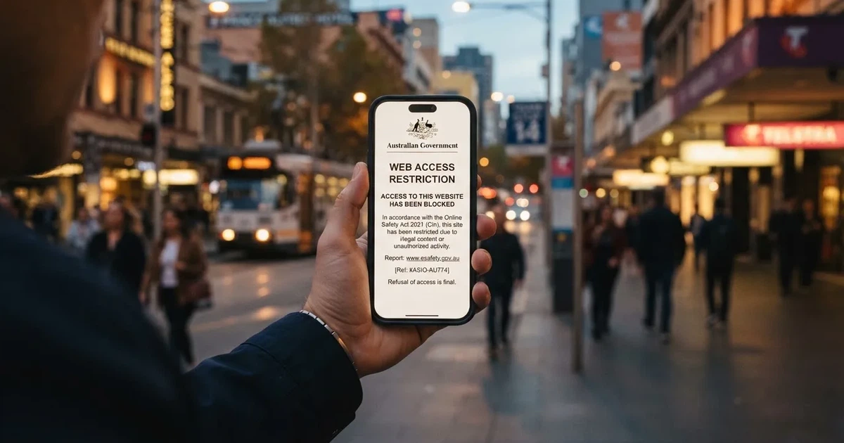 A smartphone screen showing a plain government warning notice about a blocked website, held against a blurred background.