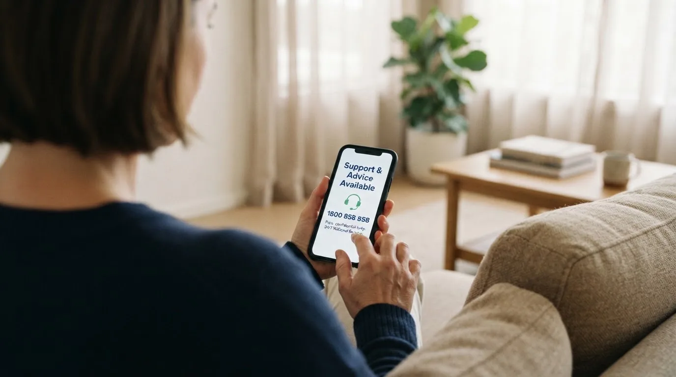 A person sitting calmly with a phone open to a support helpline page, no gaming screen visible.