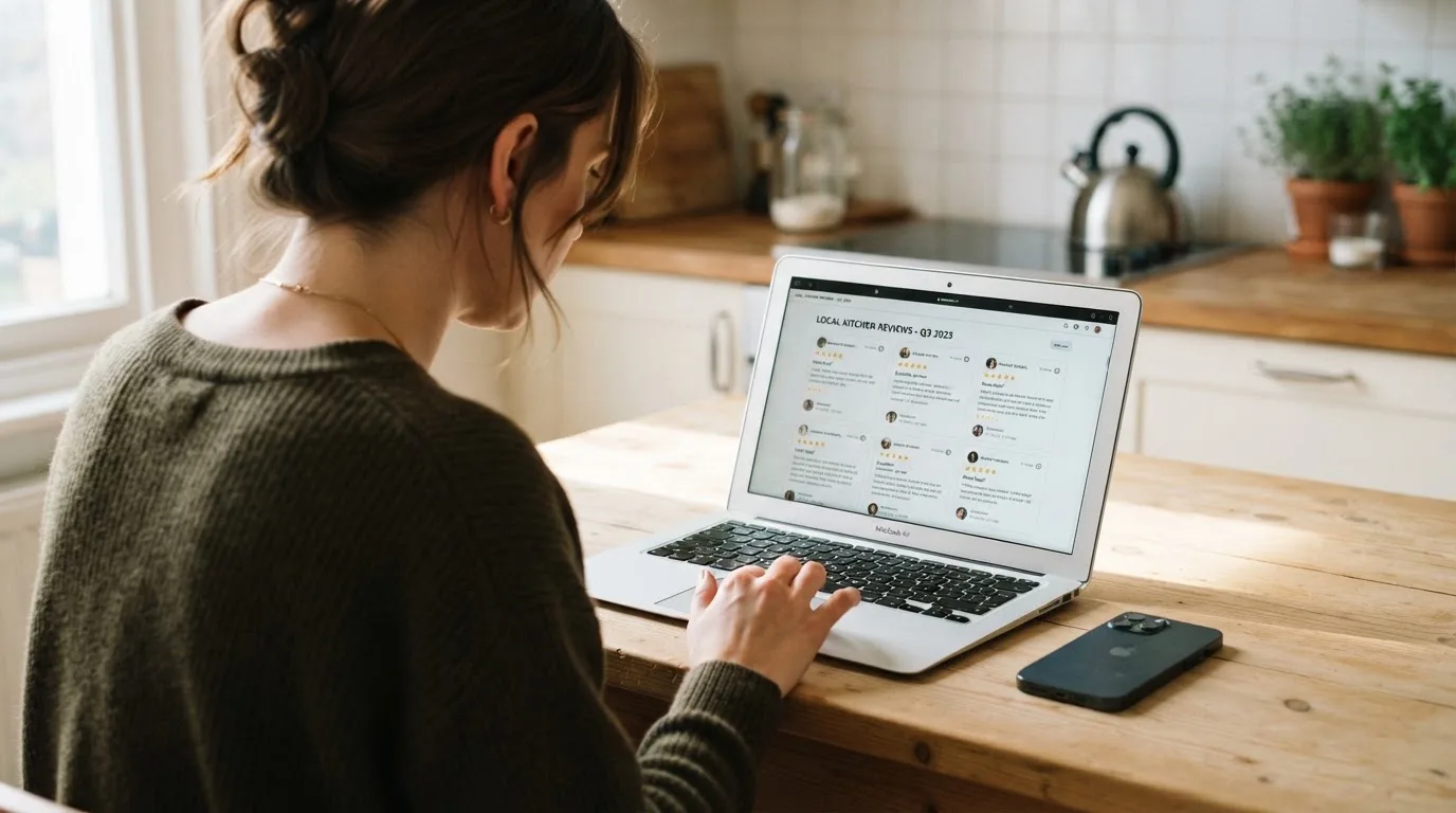 A person at a kitchen table scrolling through review pages on a laptop, phone face-down beside them.