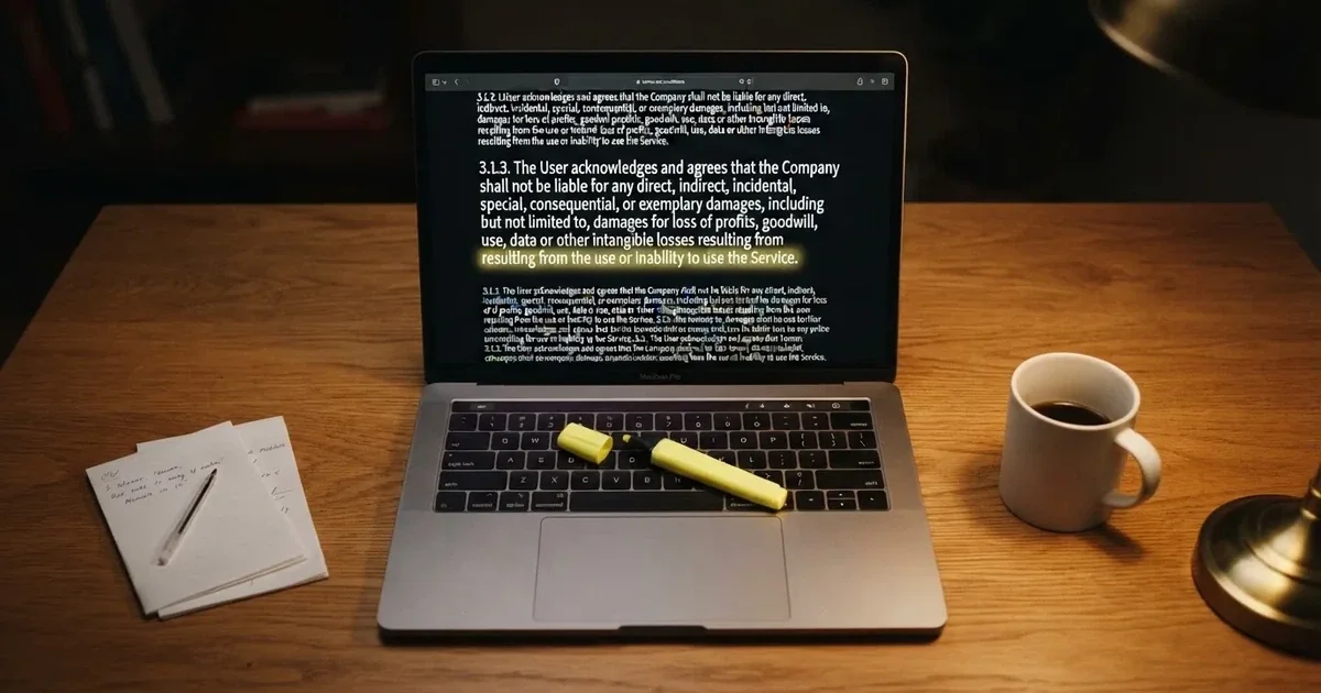 A laptop screen showing a page of terms and conditions text with a highlighter resting nearby.