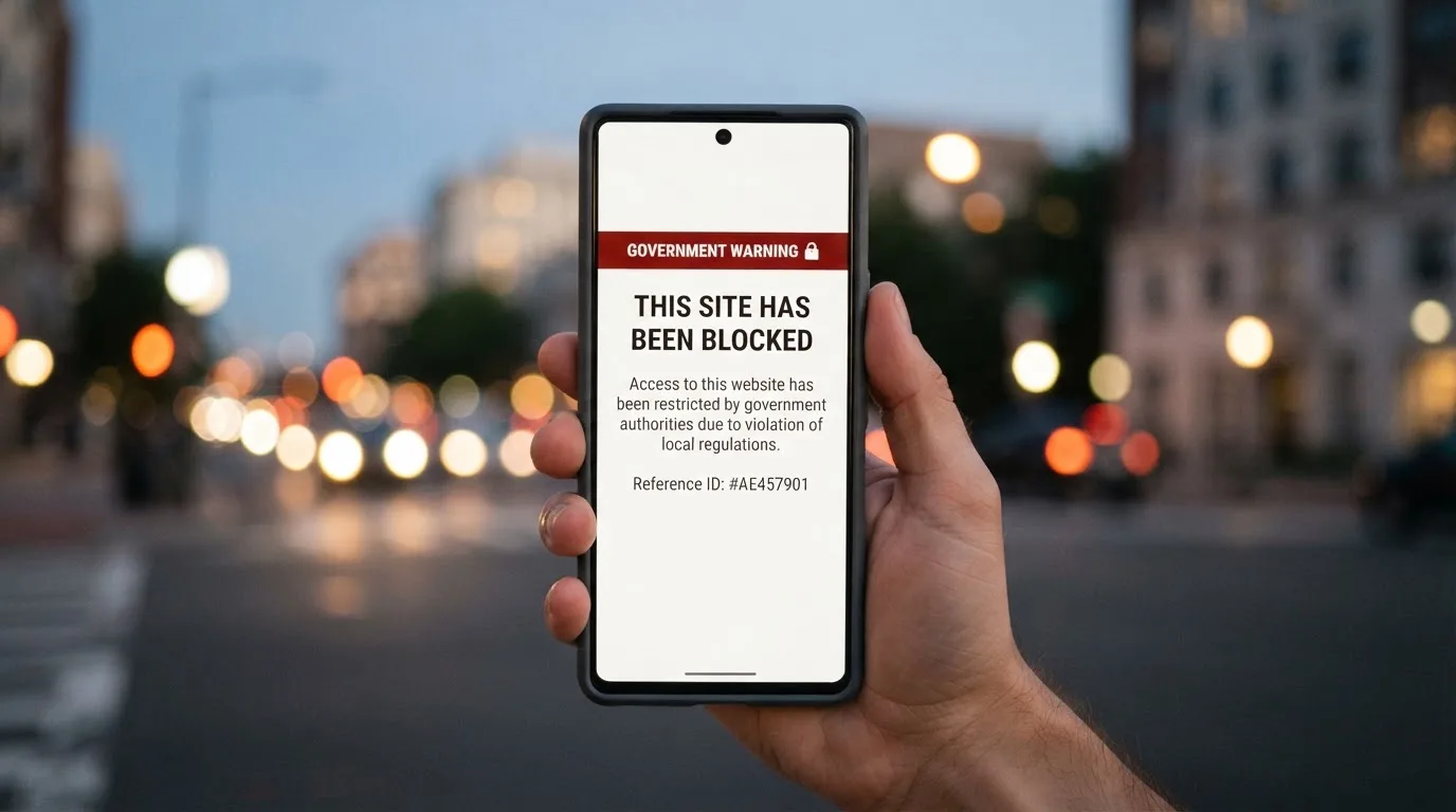 A smartphone screen showing a plain government warning notice about a blocked website, held against a blurred background.