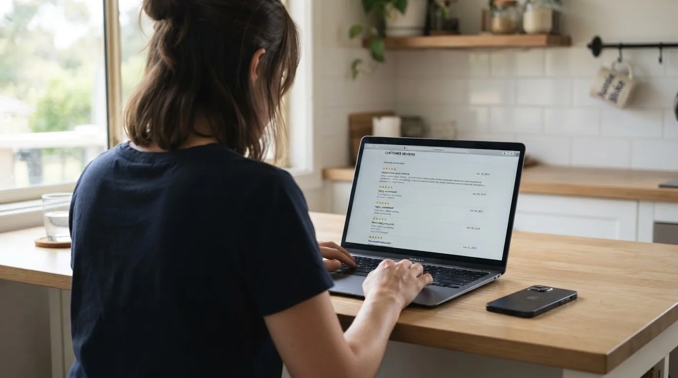 A person at a kitchen table scrolling through review pages on a laptop, phone face-down beside them.