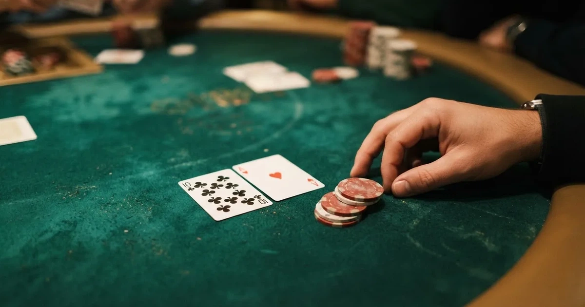 A close-up of a green felt gaming table with cards and chips mid-hand.