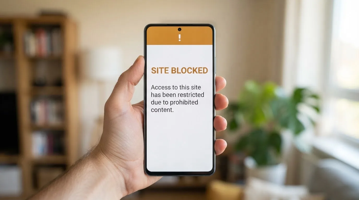 A smartphone screen showing a plain government warning notice about a blocked website, held against a blurred background.