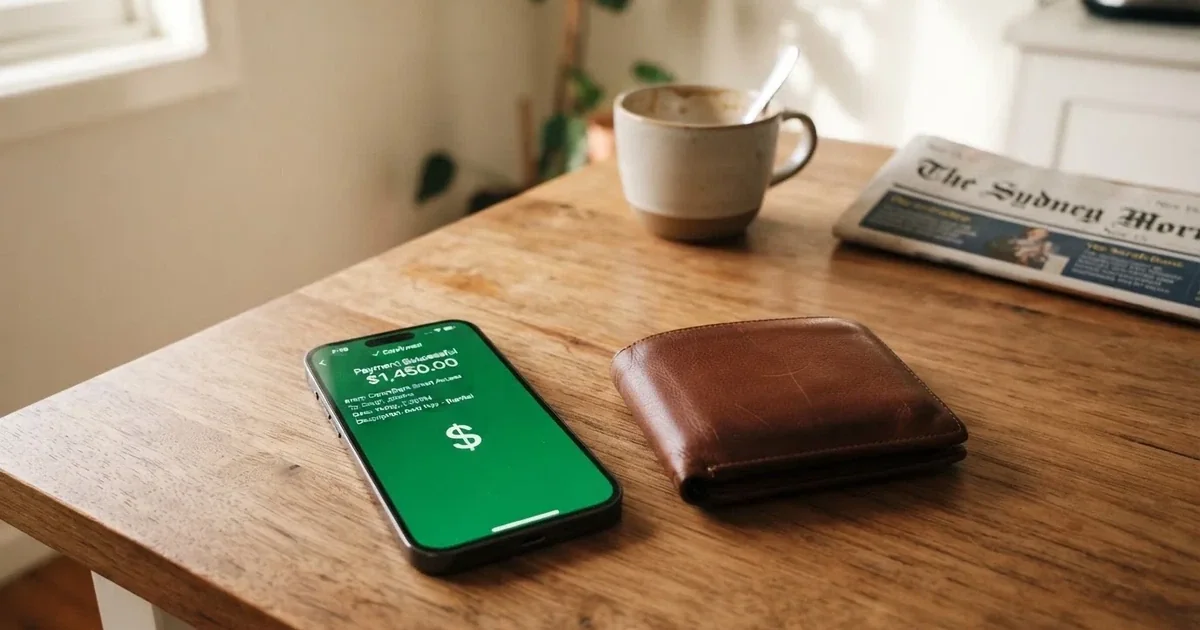 A phone screen showing a bank transfer confirmation, held next to a wallet on a table.