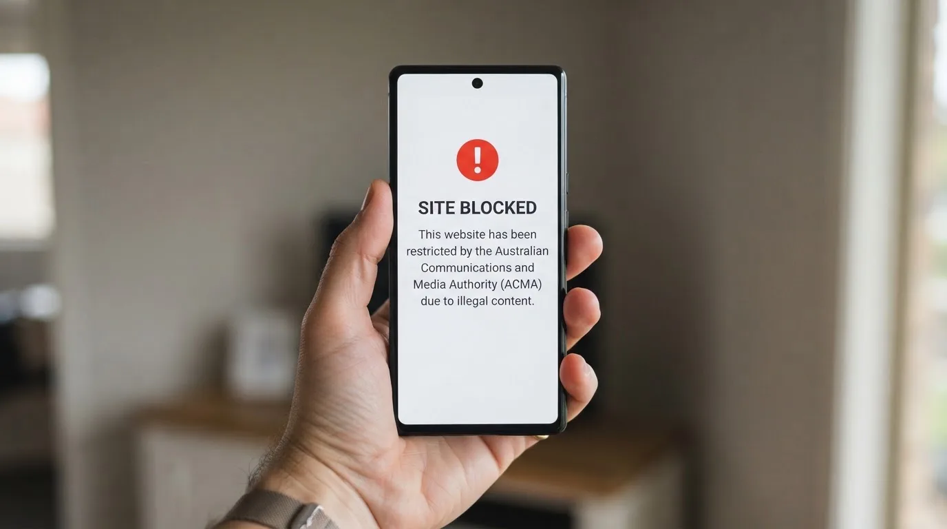 A smartphone screen showing a plain government warning notice about a blocked website, held against a blurred background.