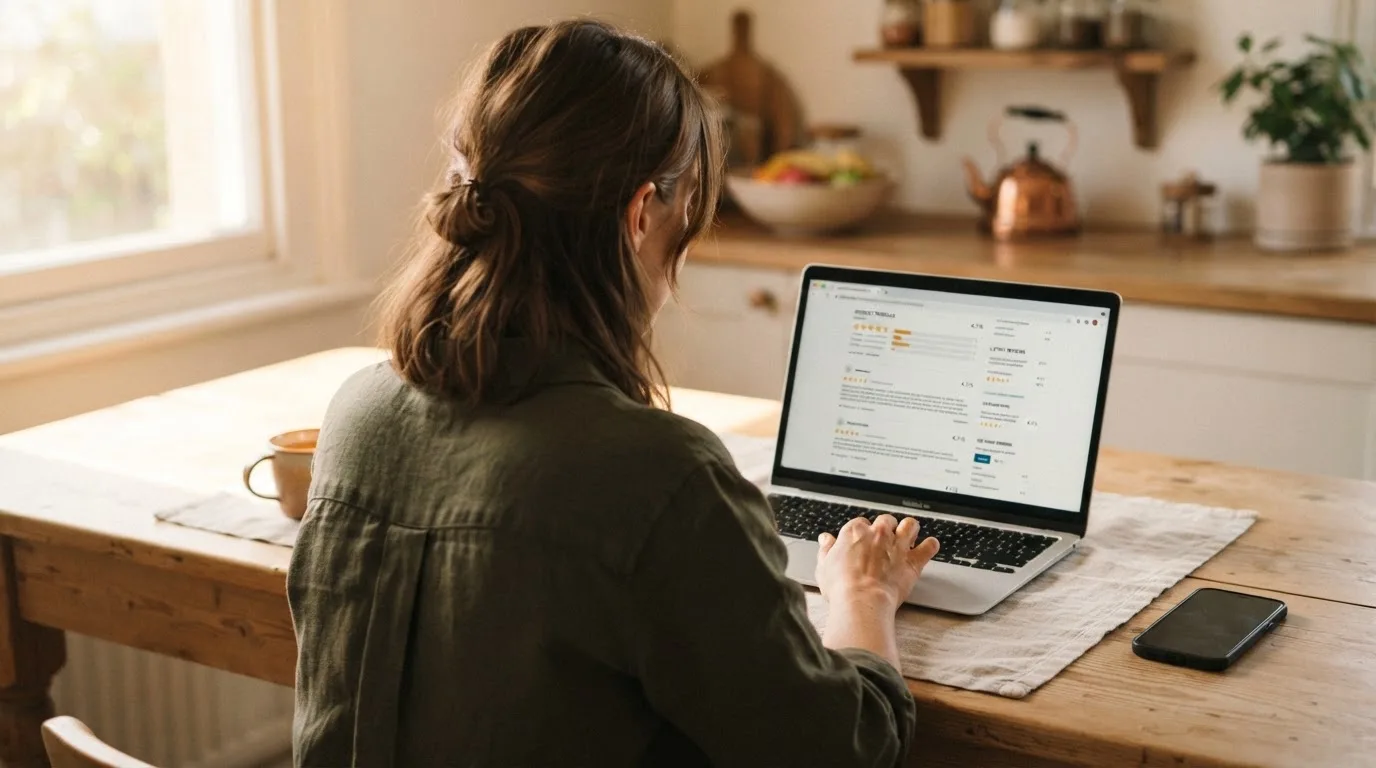 A person at a kitchen table scrolling through review pages on a laptop, phone face-down beside them.