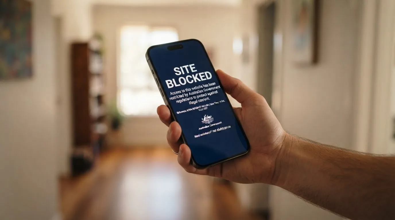 A smartphone screen showing a plain government warning notice about a blocked website, held against a blurred background.