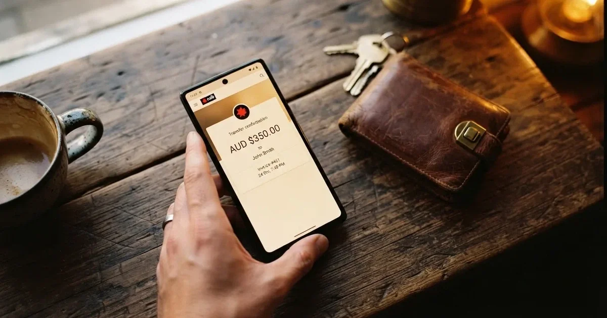 A phone screen showing a bank transfer confirmation, held next to a wallet on a table.