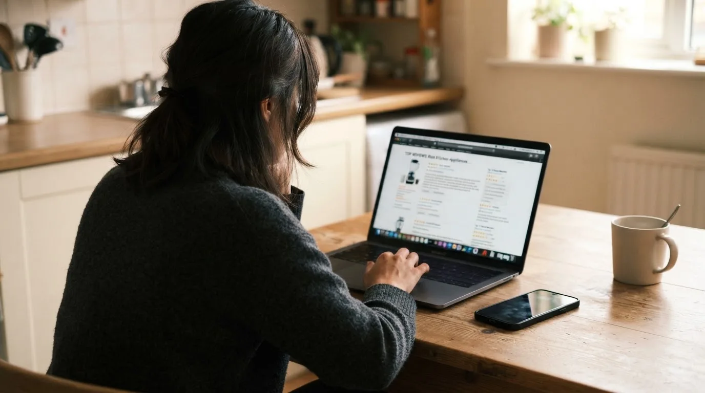 A person at a kitchen table scrolling through review pages on a laptop, phone face-down beside them.